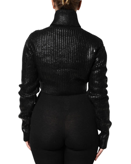 Dolce & Gabbana Black Wool Long Sleeve Turtleneck Cropped Top