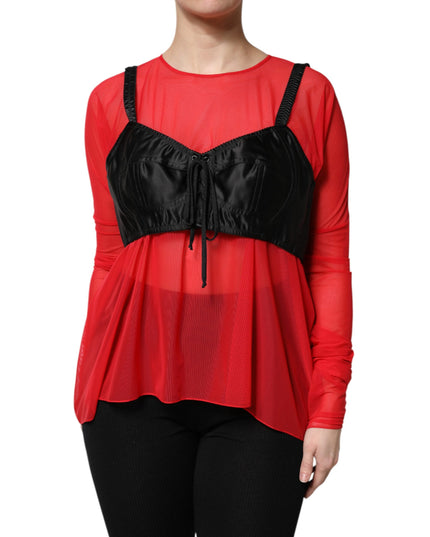 Dolce & Gabbana Red Black Bustier Detailing Long Sleeves Top