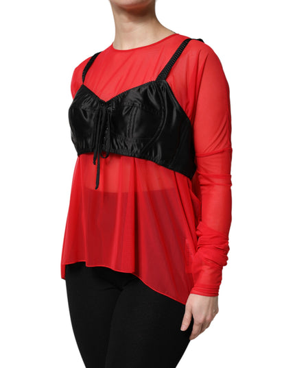 Dolce & Gabbana Red Black Bustier Detailing Long Sleeves Top
