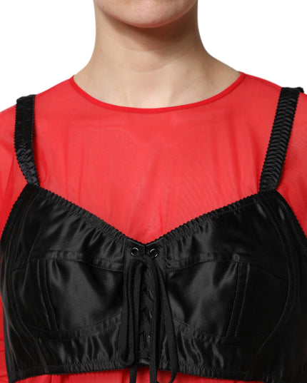 Dolce & Gabbana Red Black Bustier Detailing Long Sleeves Top