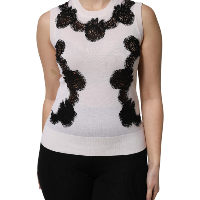 Dolce & Gabbana White Cashmere Floral Lace Detailing Tank Top