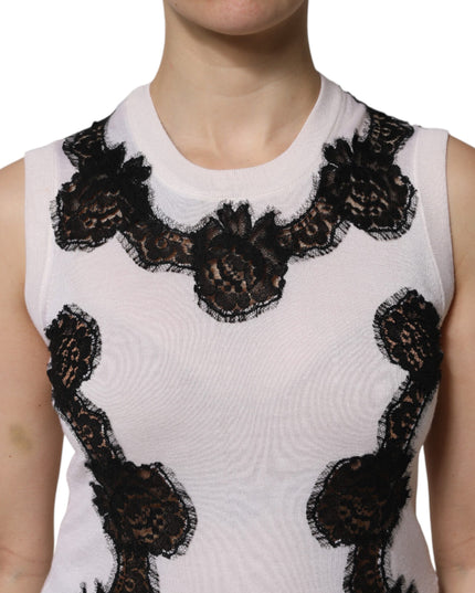 Dolce & Gabbana White Cashmere Floral Lace Detailing Tank Top
