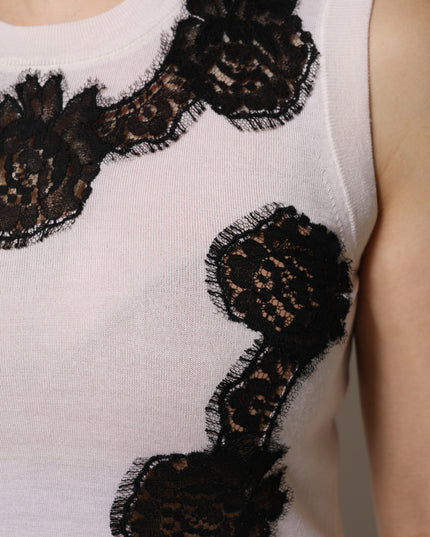 Dolce & Gabbana White Cashmere Floral Lace Detailing Tank Top