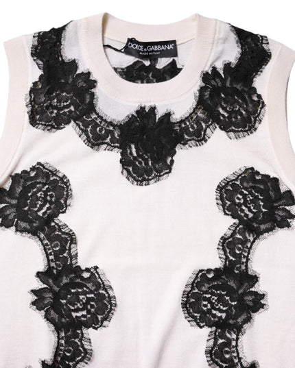 Dolce & Gabbana White Cashmere Floral Lace Detailing Tank Top