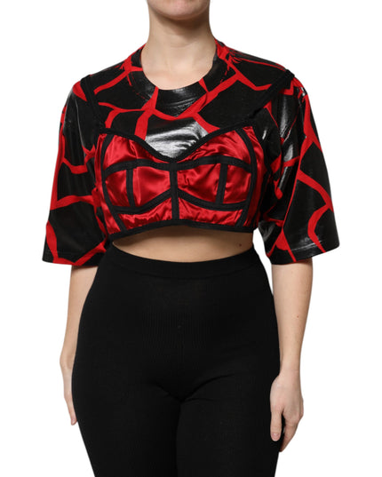 Dolce & Gabbana Red Black Cotton Bustier Detailing Cropped Top