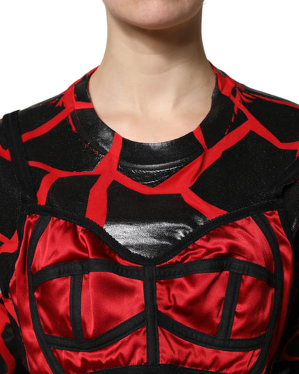 Dolce & Gabbana Red Black Cotton Bustier Detailing Cropped Top