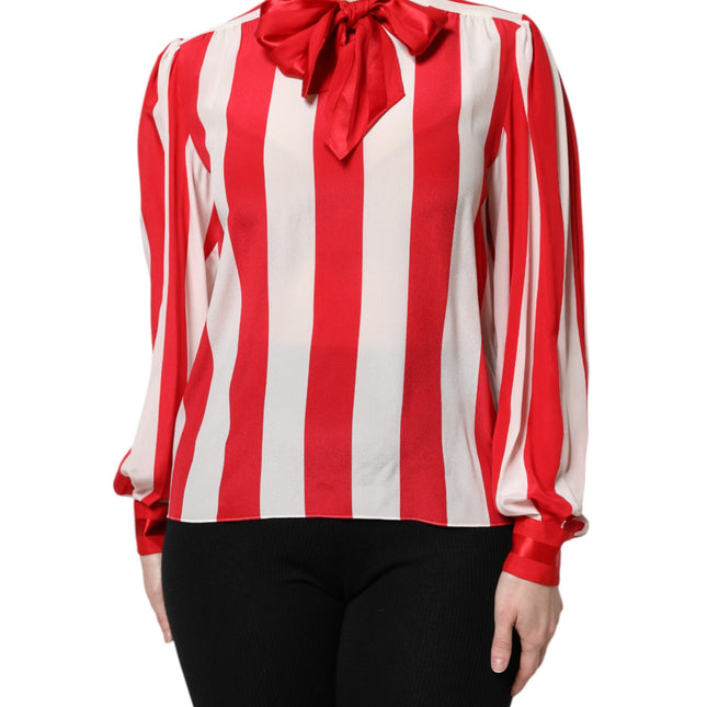 Dolce & Gabbana Red White Stripes Ascot Collar Blouse Top