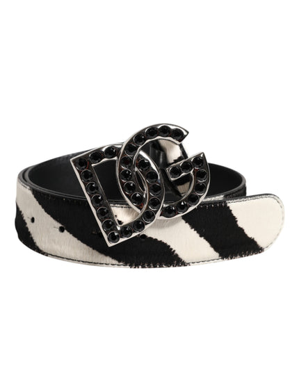 Dolce & Gabbana White Black Leather Zebra DG Crystal Buckle Belt