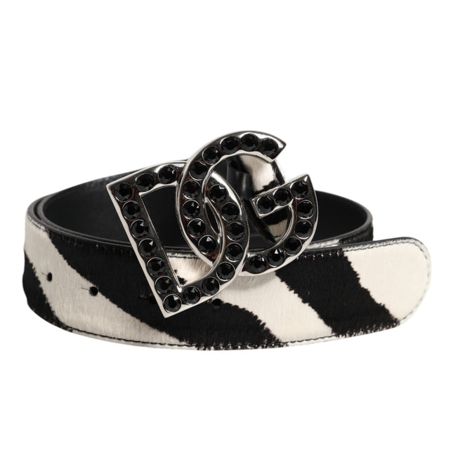 Dolce & Gabbana White Black Leather Zebra DG Crystal Buckle Belt