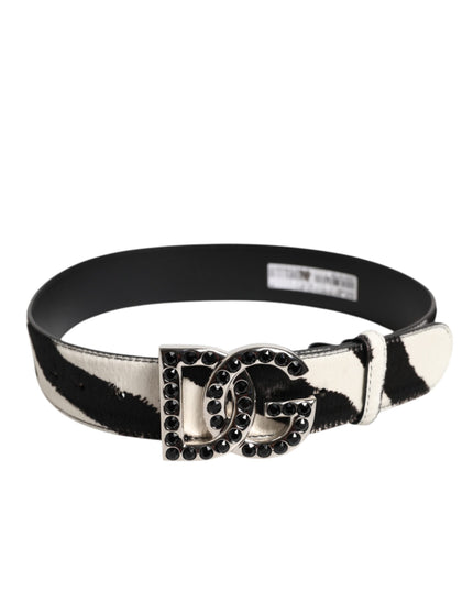 Dolce & Gabbana White Black Leather Zebra DG Crystal Buckle Belt