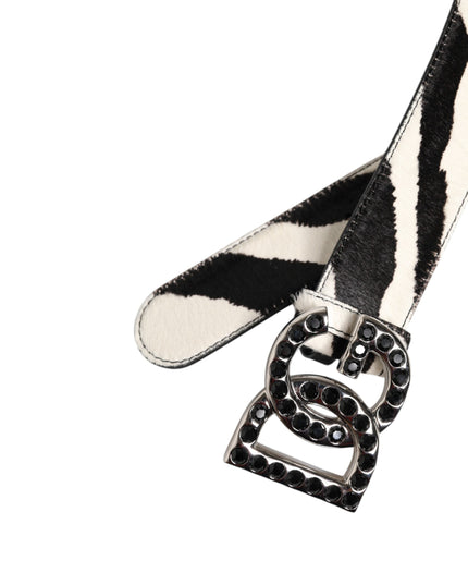 Dolce & Gabbana White Black Leather Zebra DG Crystal Buckle Belt
