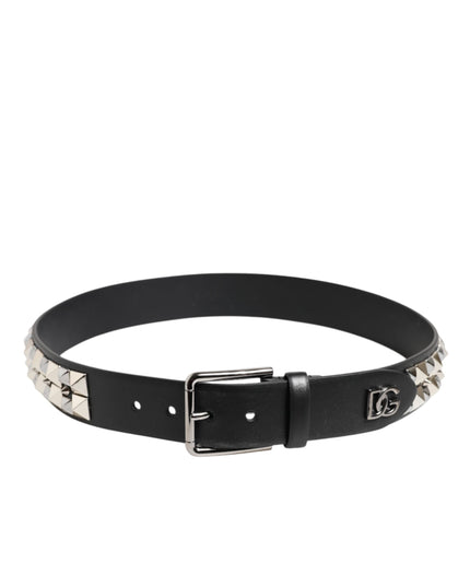 Dolce & Gabbana Black Calf Leather Studded Silver Buckle Belt