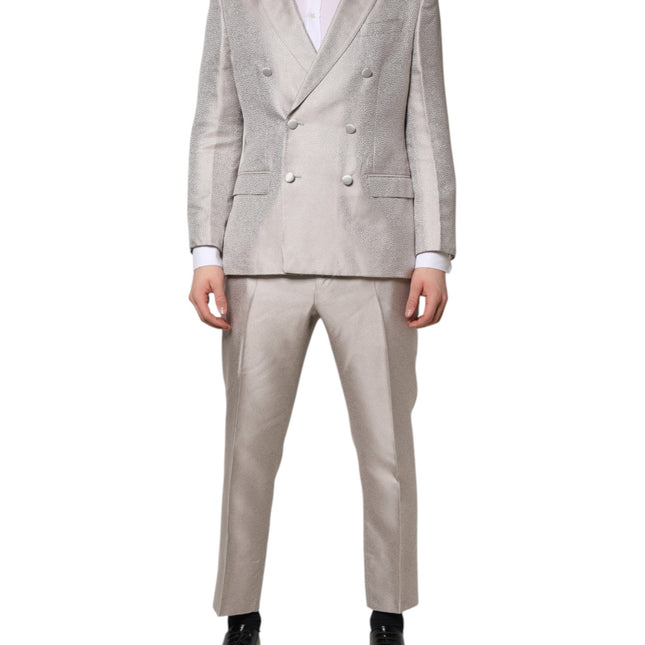 Dolce & Gabbana Light Gray Jacquard Silk Dotted 2 Piece Suit