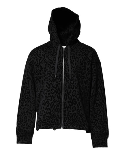 Dolce & Gabbana Black Leopard Full Zip Hooded Sweatshirt Sweater