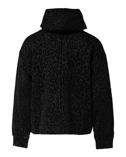Dolce & Gabbana Black Leopard Full Zip Hooded Sweatshirt Sweater