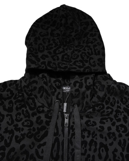 Dolce & Gabbana Black Leopard Full Zip Hooded Sweatshirt Sweater