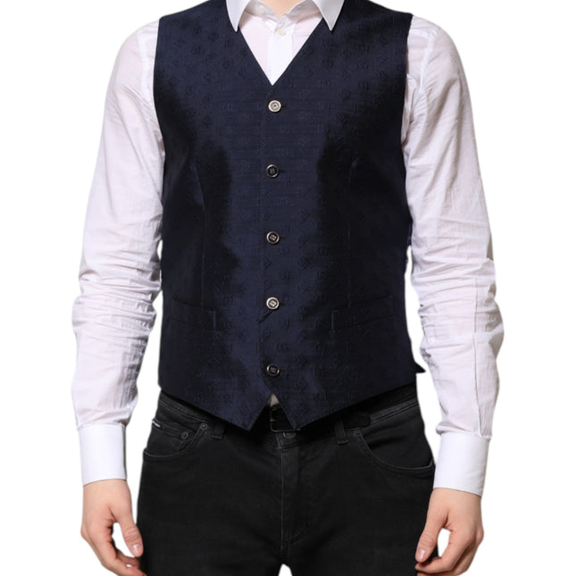 Dolce & Gabbana Dark Blue Logo Wool Formal Men Waistcoat Vest