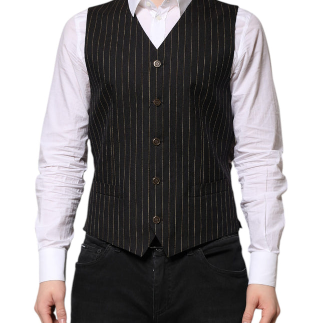 Dolce & Gabbana Black Stripes Wool Formal Men Waistcoat Vest