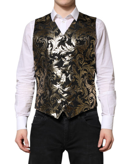 Dolce & Gabbana Black Gold Jacquard Formal Men Waistcoat Vest