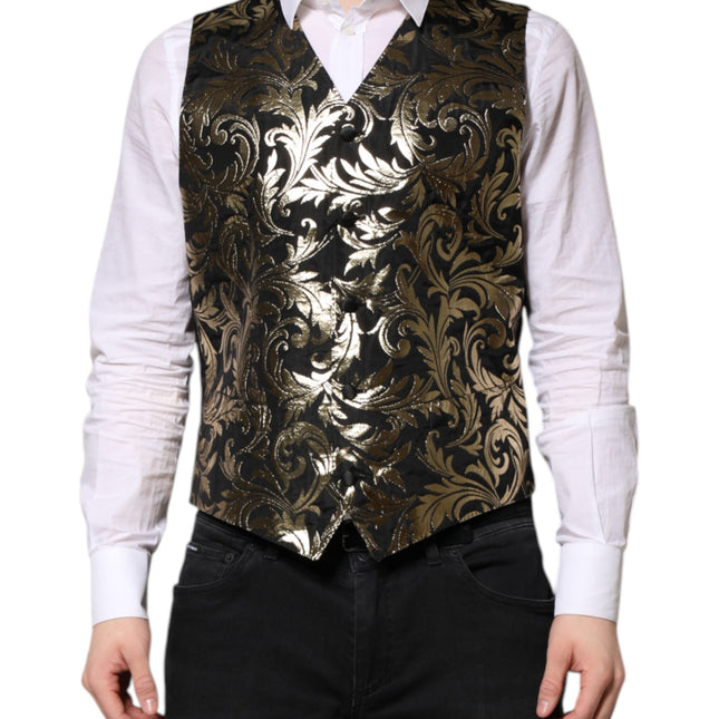 Dolce & Gabbana Black Gold Jacquard Formal Men Waistcoat Vest