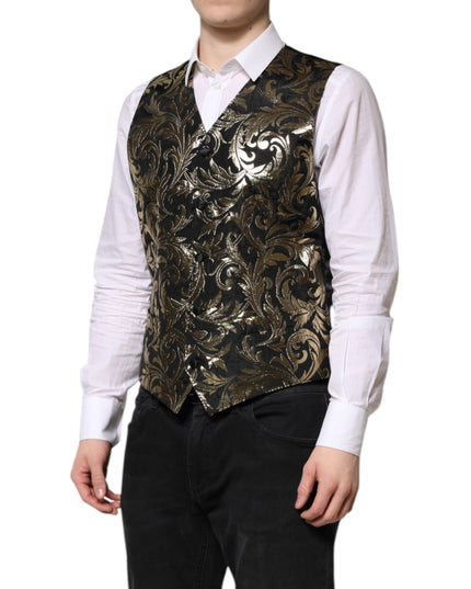 Dolce & Gabbana Black Gold Jacquard Formal Men Waistcoat Vest