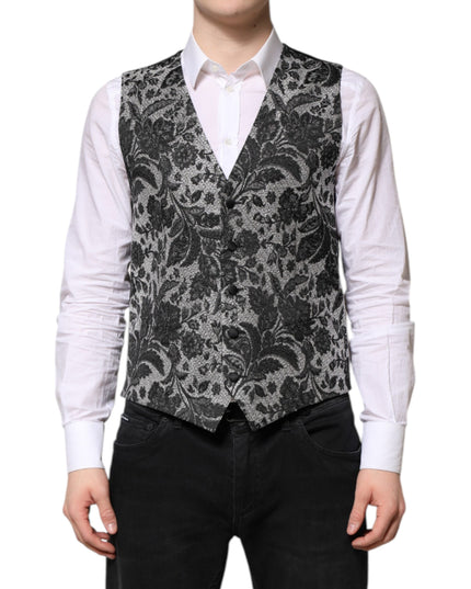 Dolce & Gabbana Black Gray Brocade Formal Men Waistcoat Vest