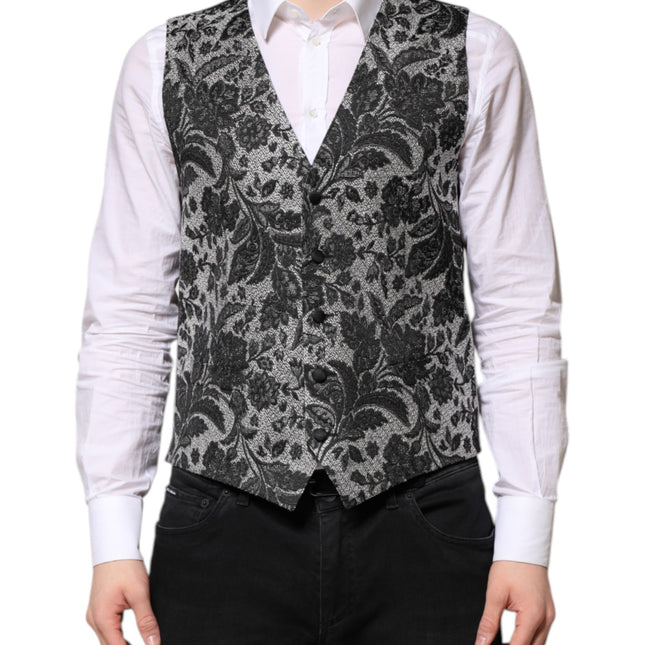 Dolce & Gabbana Black Gray Brocade Formal Men Waistcoat Vest