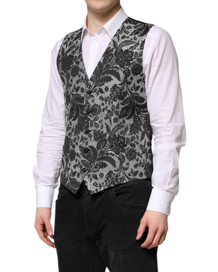 Dolce & Gabbana Black Gray Brocade Formal Men Waistcoat Vest