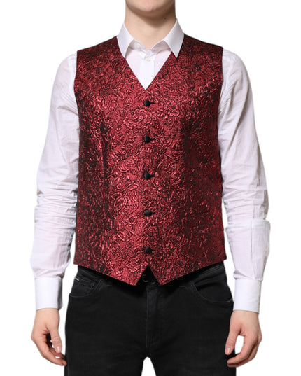 Dolce & Gabbana Red Floral Brocade Formal Men Waistcoat Vest
