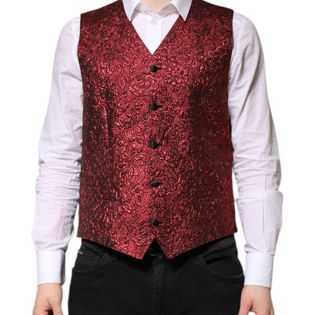 Dolce & Gabbana Red Floral Brocade Formal Men Waistcoat Vest