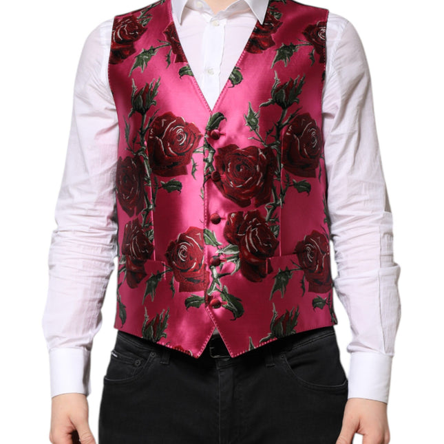 Dolce & Gabbana Pink Floral Satin Formal Men Waistcoat Vest