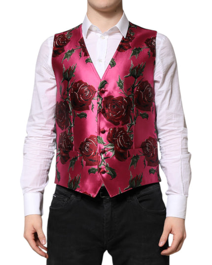 Dolce & Gabbana Pink Floral Satin Formal Men Waistcoat Vest