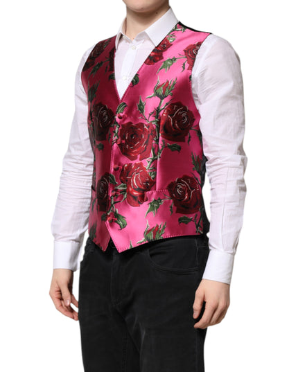 Dolce & Gabbana Pink Floral Satin Formal Men Waistcoat Vest