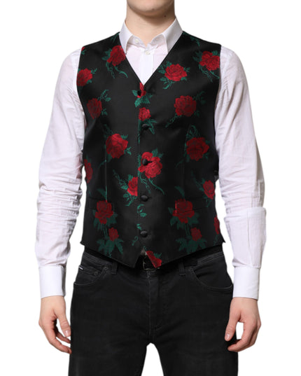 Dolce & Gabbana Red Floral Brocade Formal Men Waistcoat Vest