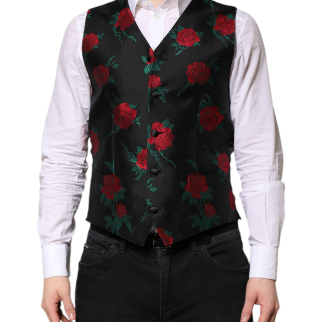 Dolce & Gabbana Red Floral Brocade Formal Men Waistcoat Vest