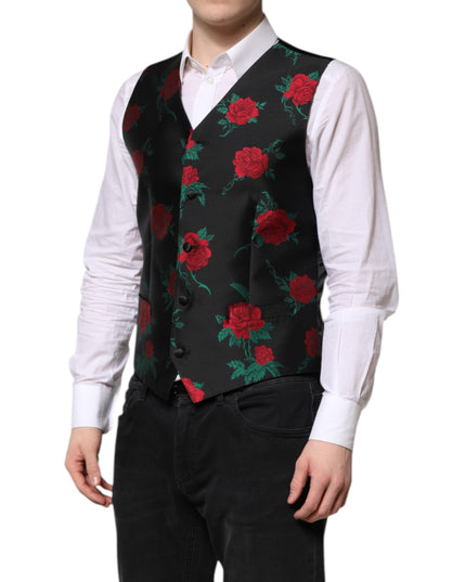 Dolce & Gabbana Red Floral Brocade Formal Men Waistcoat Vest