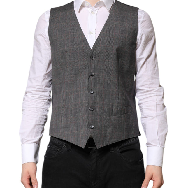 Dolce & Gabbana Gray Plaid Wool Formal Dress Waistcoat Vest