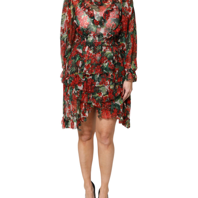 Dolce & Gabbana Multicolor Ruffle Floral Long Sleeves Dress