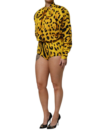 Dolce & Gabbana Yellow Leopard Long Sleeves Jumpsuit Dress
