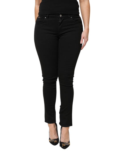 Dolce & Gabbana Black Cotton Logo Mid Waist Skinny Denim Jeans