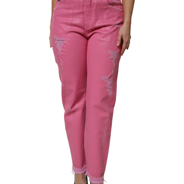 Dolce & Gabbana Pink Tattered Mid Waist Tapered Denim Jeans