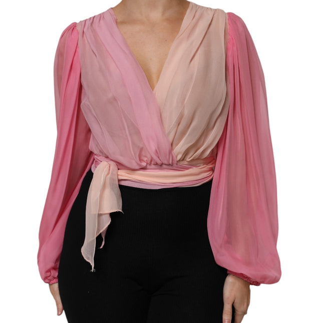 Dolce & Gabbana Pink Plunging V-neck Long Sleeves Blouse Top