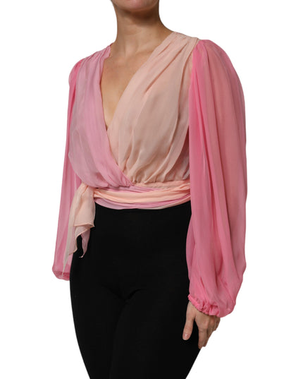 Dolce & Gabbana Pink Plunging V-neck Long Sleeves Blouse Top