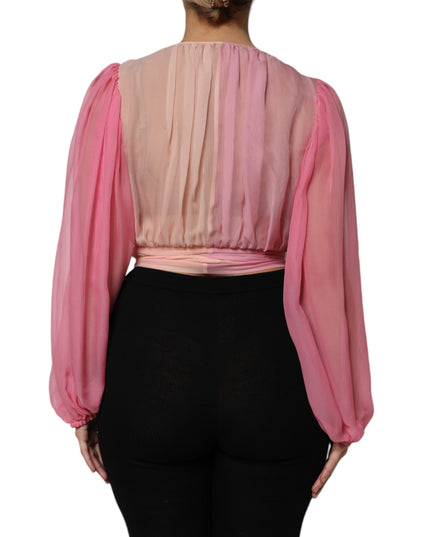 Dolce & Gabbana Pink Plunging V-neck Long Sleeves Blouse Top