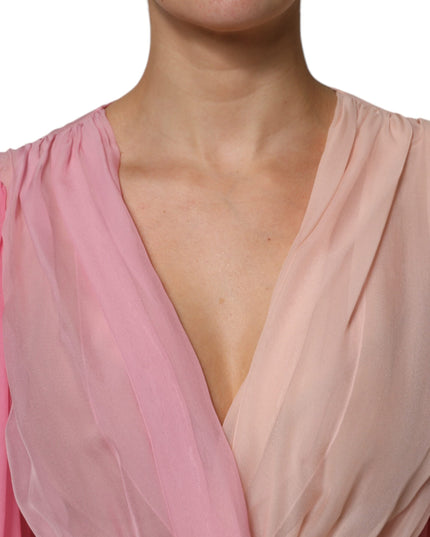 Dolce & Gabbana Pink Plunging V-neck Long Sleeves Blouse Top