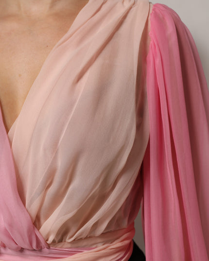 Dolce & Gabbana Pink Plunging V-neck Long Sleeves Blouse Top