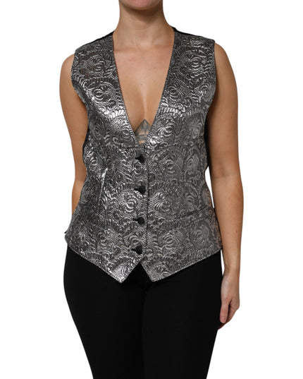 Dolce & Gabbana Silver Floral Jacquard Sleeveless Vest Top