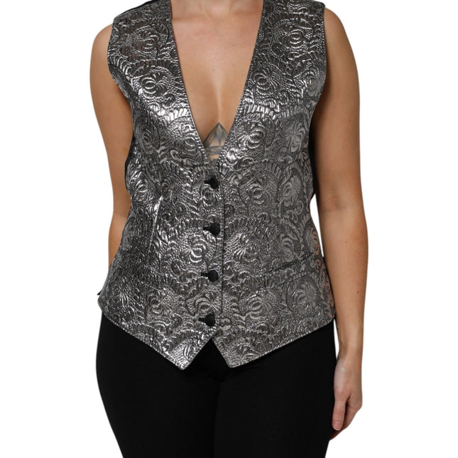 Dolce & Gabbana Silver Floral Jacquard Sleeveless Vest Top
