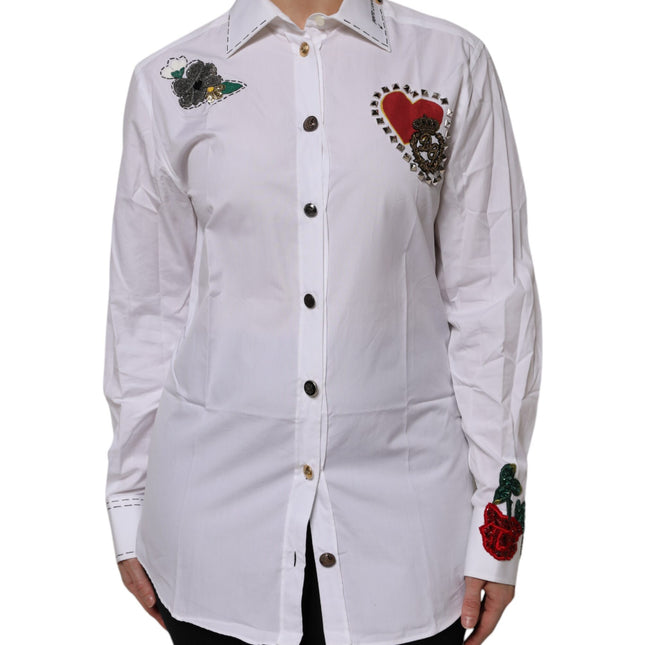 Dolce & Gabbana White Cotton Floral Embellished Shirt Top