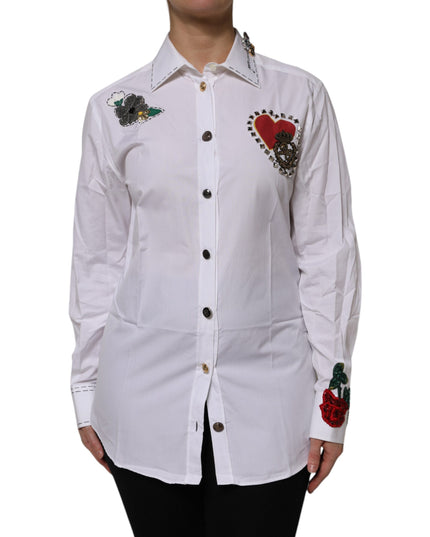 Dolce & Gabbana White Cotton Floral Embellished Shirt Top